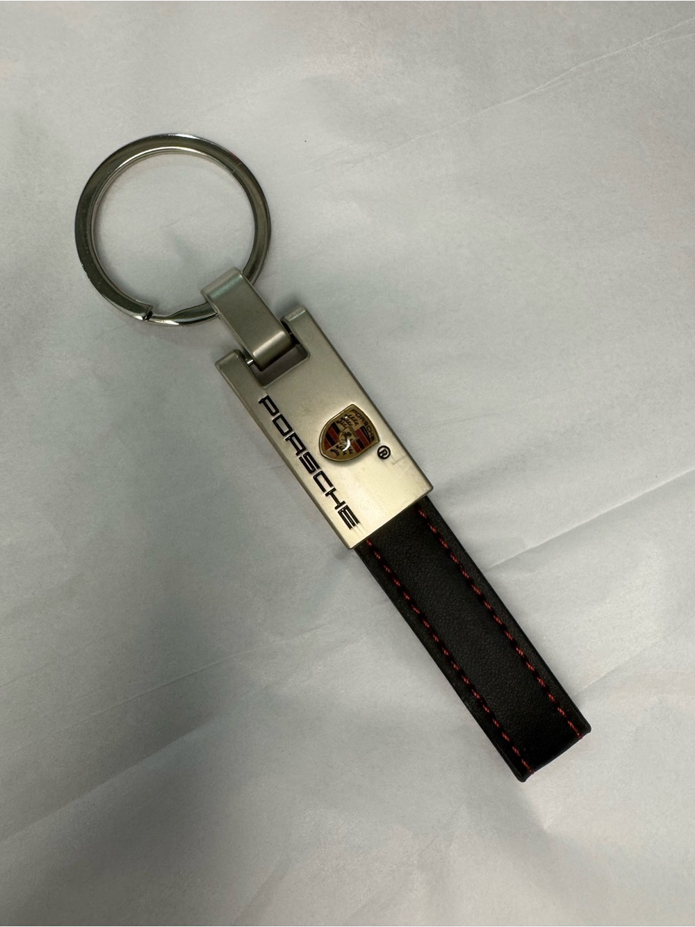 Porsche Leather Keychain Black Red Stitch Metal Key Ring Clearwater Dealer NEW